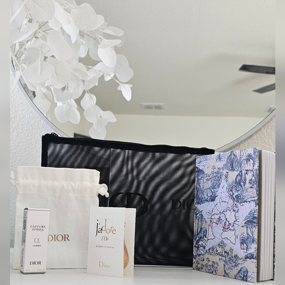 Dior Handbags - Dior Black Logo Cosmetic Pouch with White Drawstring Bag and Samples